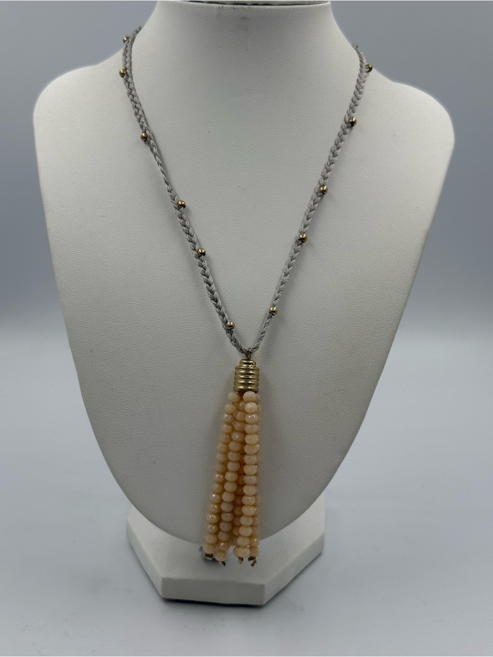 Braided Cord Necklace With Peach Beaded Tassel Pendant Preppy Beach Casual